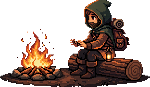 A pixel-art adventurer resting by a campfire